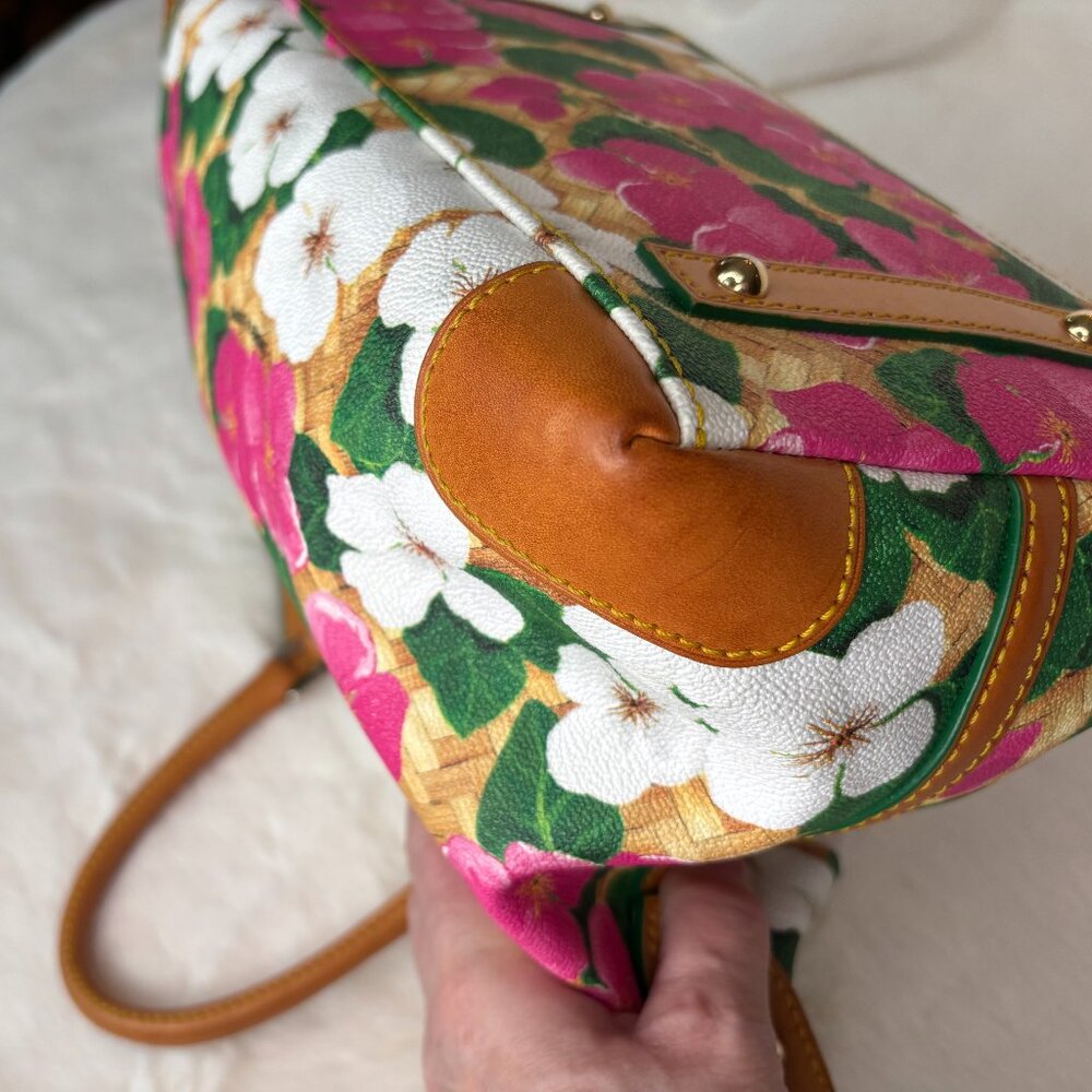 Dooney & Bourke Pink & White Pansy Flower Design With Basketweave Satchel - Picture 9 of 16